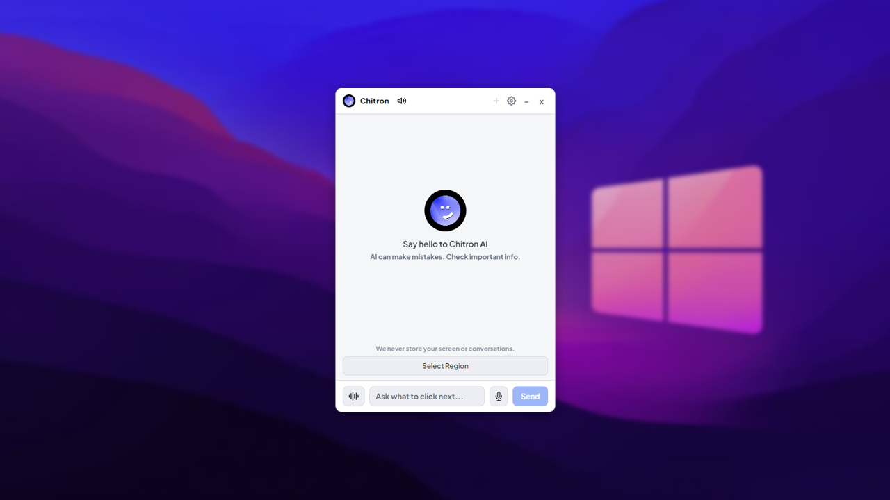 Chitron AI desktop app over a Windows desktop, with Select Region and Ask what to click next